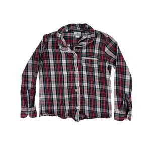Petite Plume Women's XS Pajama Top Red Green Plaid Cotton Flannel Button Front